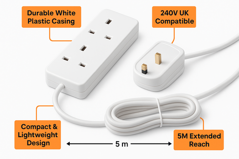 White power strip with plug, labeled features on a white background