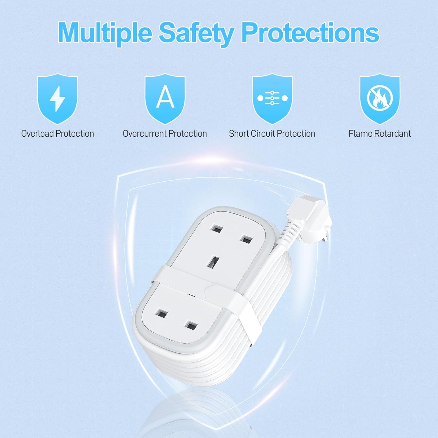 White power strip with safety features on a light blue background