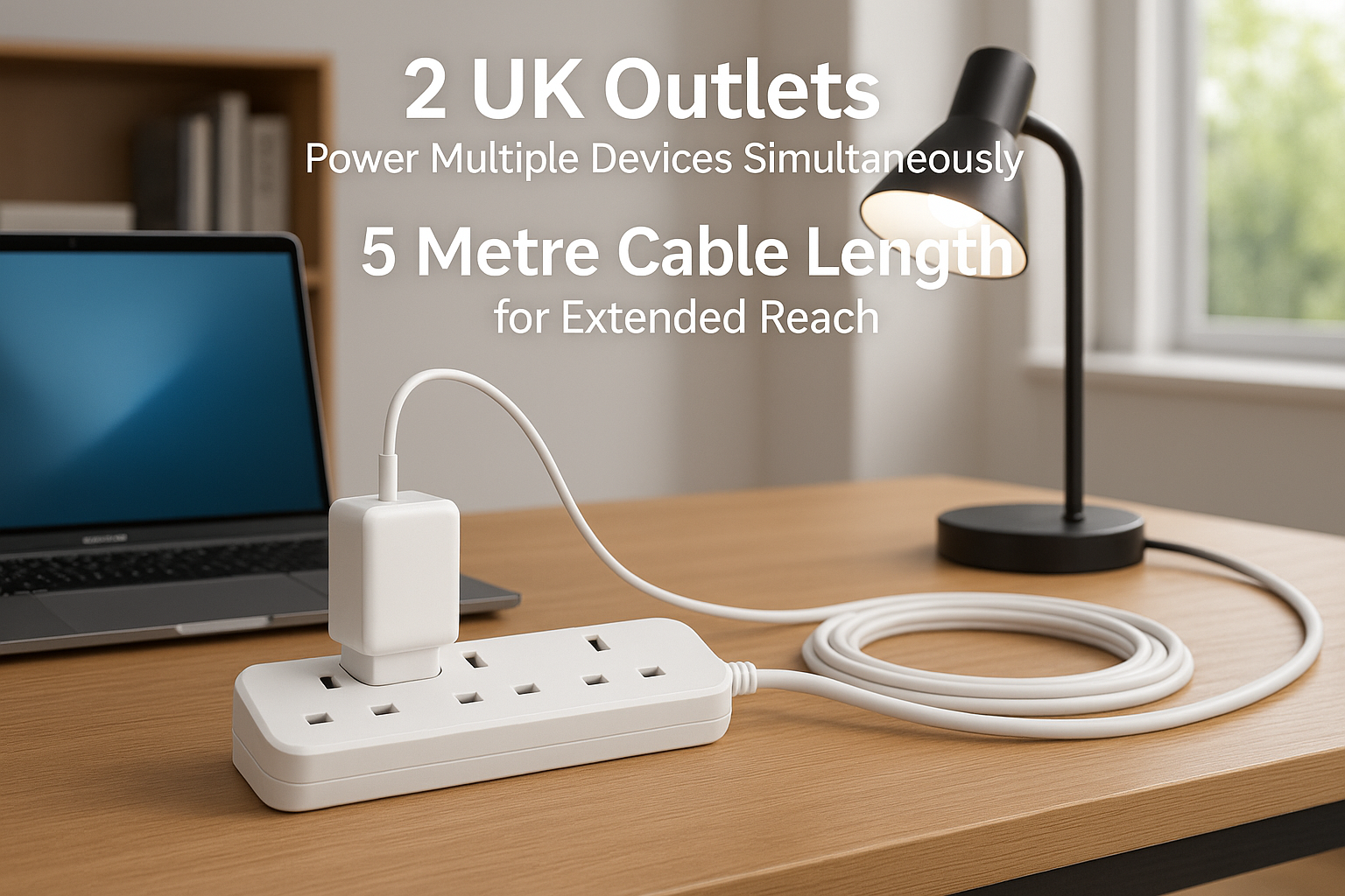 White power strip with two UK outlets on a desk, connected to a laptop and lamp, with text about cable length and outlet capacity.