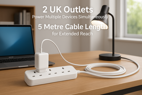 White power strip with two UK outlets on a desk, connected to a laptop and lamp, with text about cable length and outlet capacity.