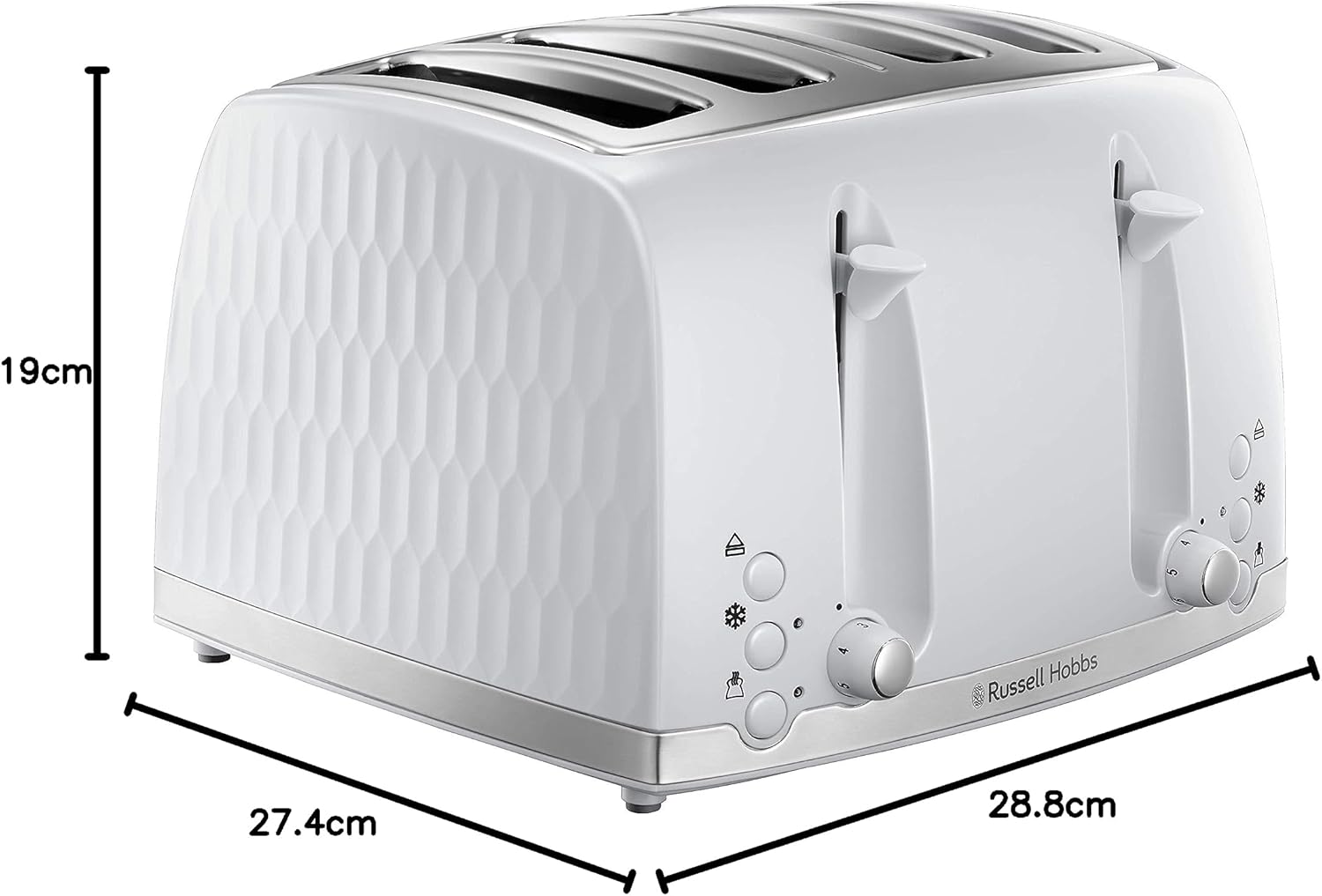 White toaster with dimensions labeled on a white background