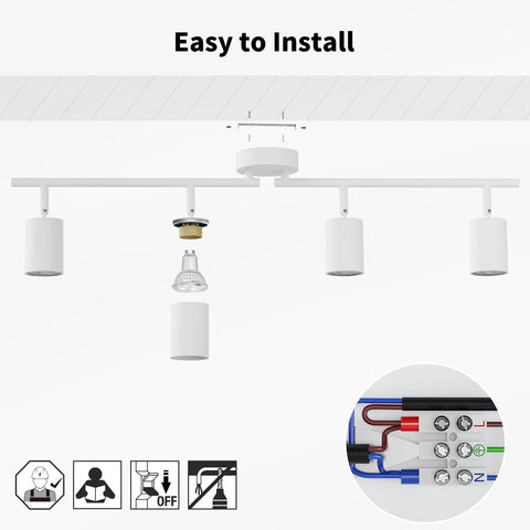 White track light fixture with components and installation icons on a white background