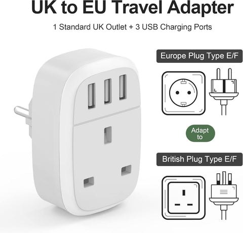 White travel adapter with UK outlet and USB ports on a white background