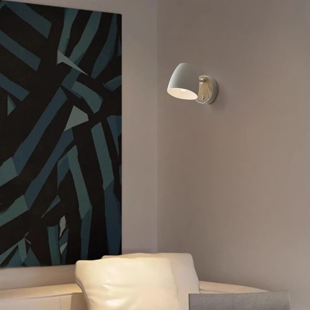 White vintage-style wall light with rotatable aluminum shade and natural wood base, ideal for bedroom, hallway, or living room use.