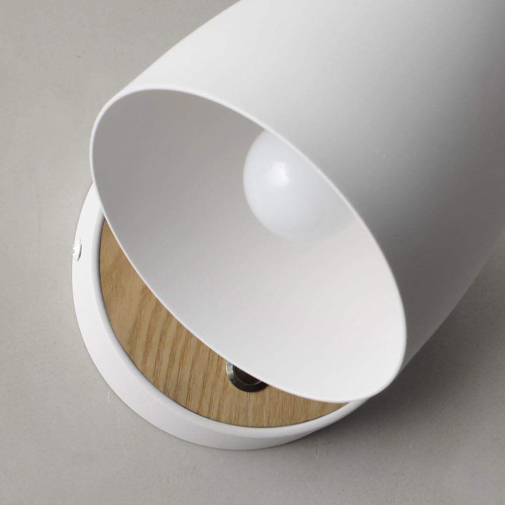 White vintage-style wall light with rotatable aluminum shade and natural wood base, ideal for bedroom, hallway, or living room use.