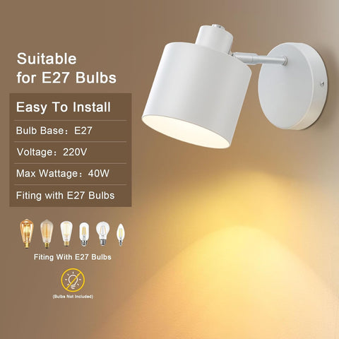 White wall-mounted light fixture with E27 bulb compatibility information on a brown background