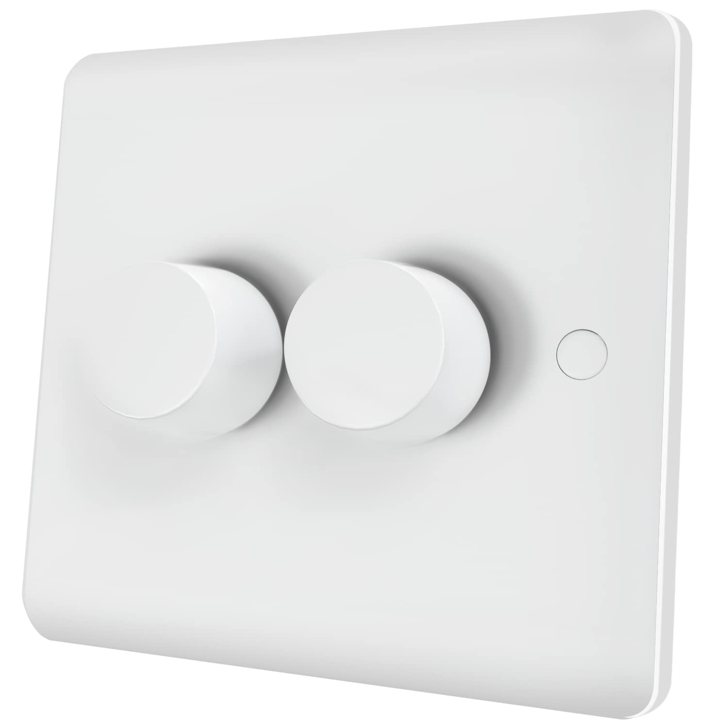 White wall-mounted light switch with two round buttons on a white background