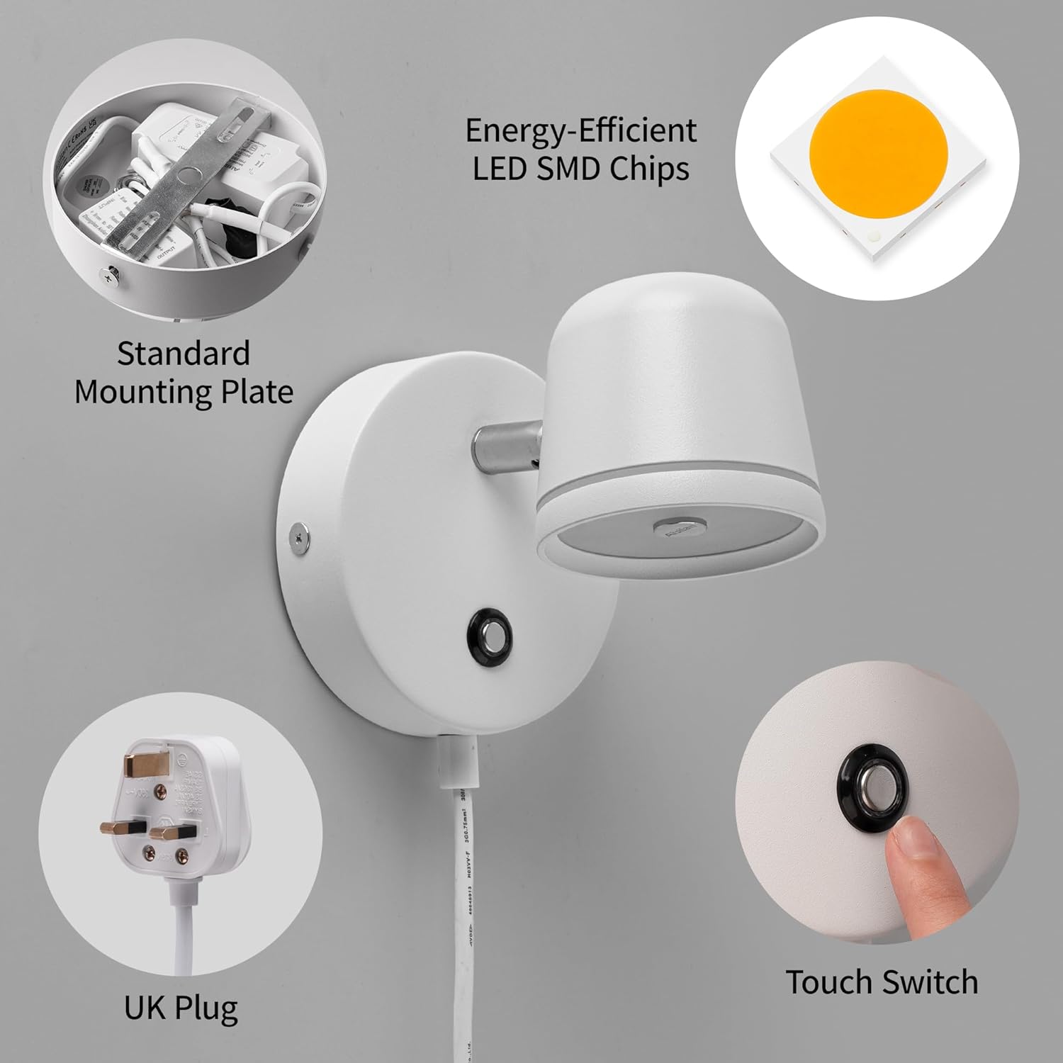 White wall light fixture with energy-efficient LED SMD chips, standard mounting plate, UK plug, and touch switch on a gray background.