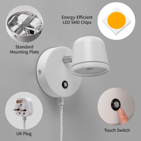 White wall light fixture with energy-efficient LED SMD chips, standard mounting plate, UK plug, and touch switch on a gray background.