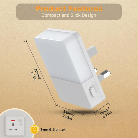 White wall plug with dimensions on a beige background
