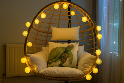 Wicker chair with string lights, cushions, and a radiator in the background