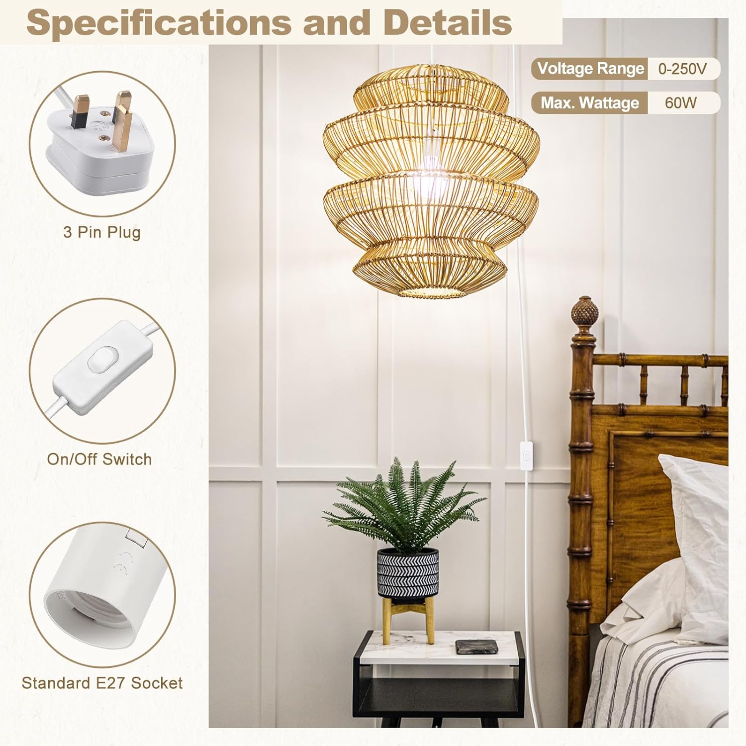 Wicker pendant light fixture with specifications on a bedroom setting