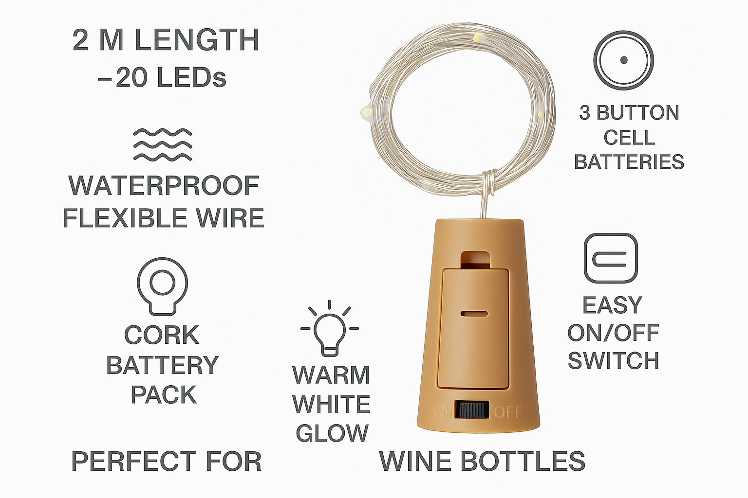 Wine bottle light with features listed on a white background