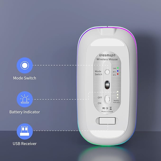 Wireless mouse with labeled components on a dark background