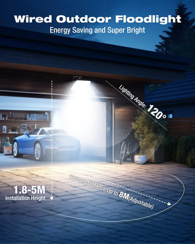 Wired outdoor floodlight illuminating a driveway with car and house in the background.