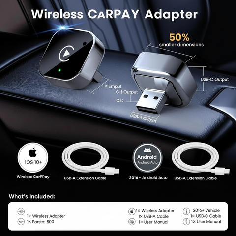Wireless CARPAY Adapter with USB cables on a car dashboard background