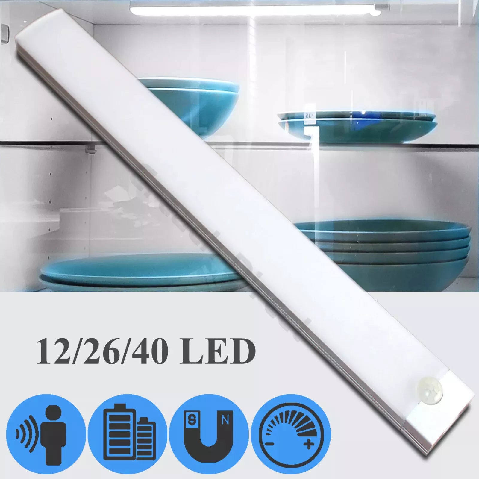 Slim and modern wireless LED cabinet light providing energy-efficient lighting in a pantry.