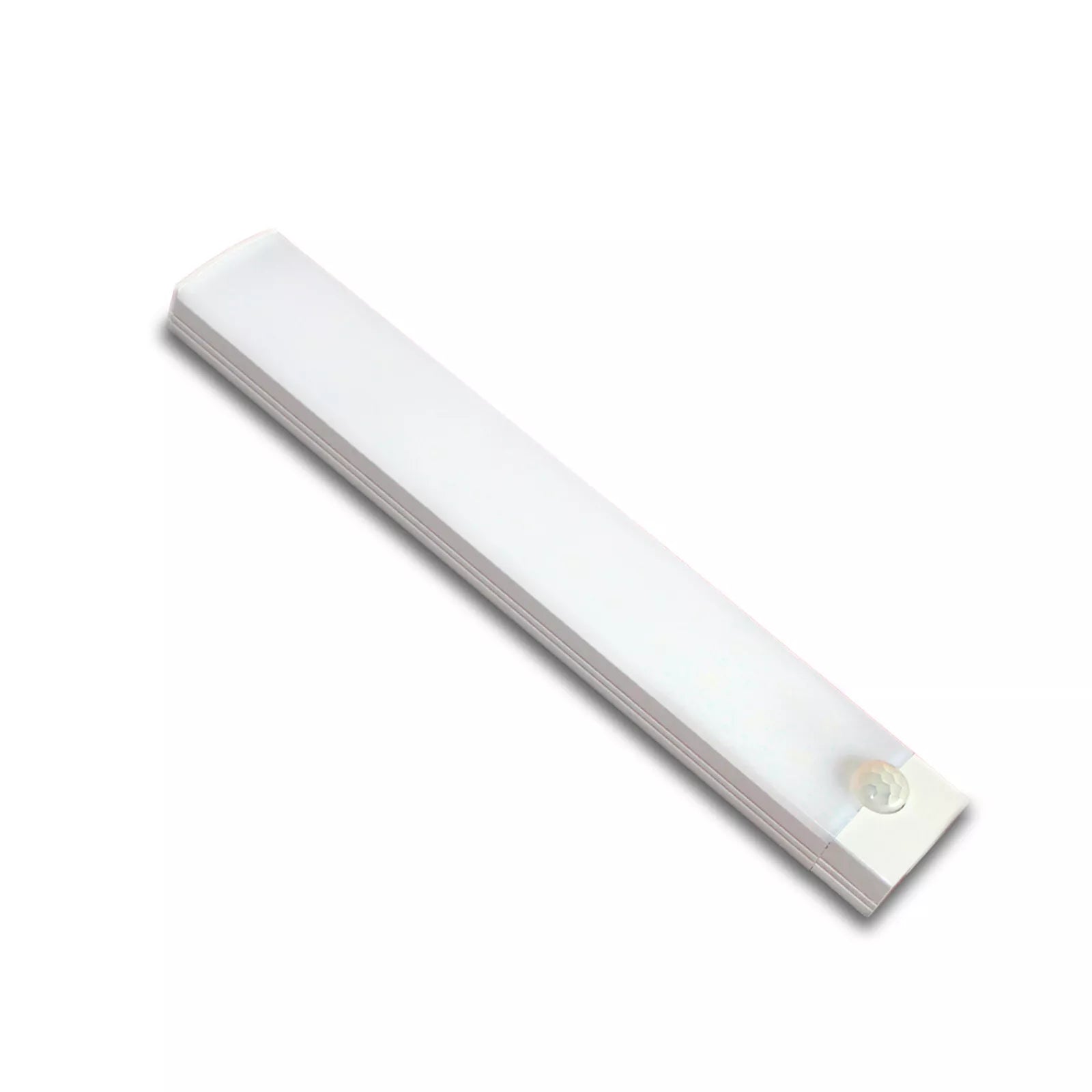 Wireless LED motion sensor strip light enhancing under-cabinet lighting in a modern kitchen.

