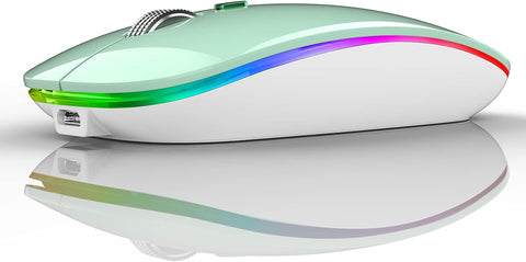 Wireless computer mouse with RGB lighting on a reflective surface