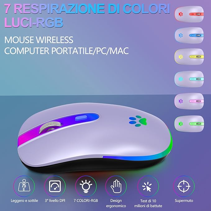 Wireless computer mouse with RGB lighting options on a gradient blue and purple background