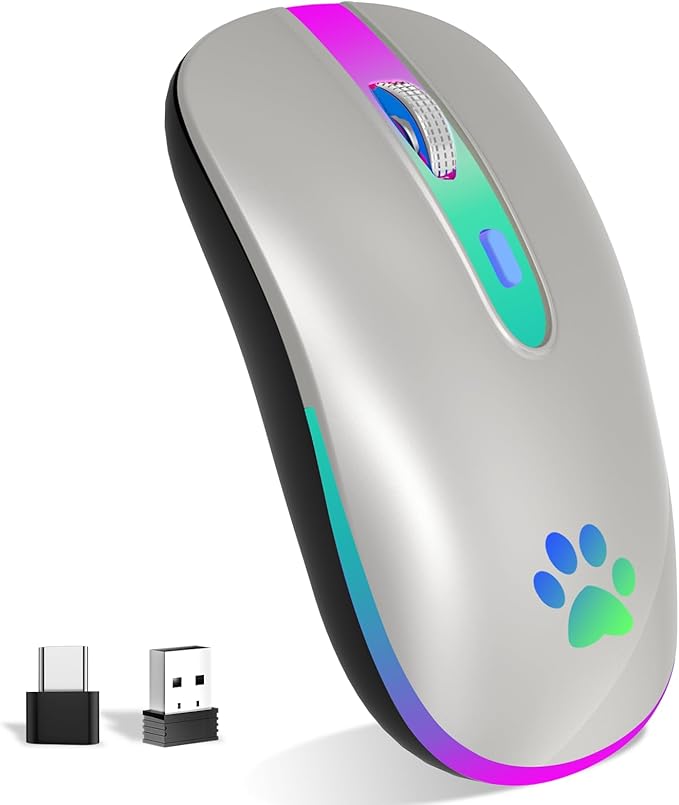 Wireless computer mouse with paw design and USB receiver on a white background