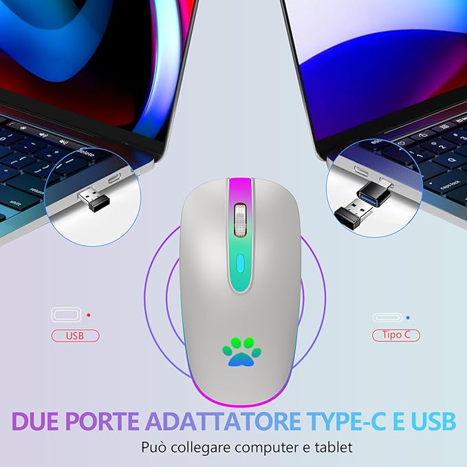 Wireless mouse with Type-C and USB ports on a laptop background