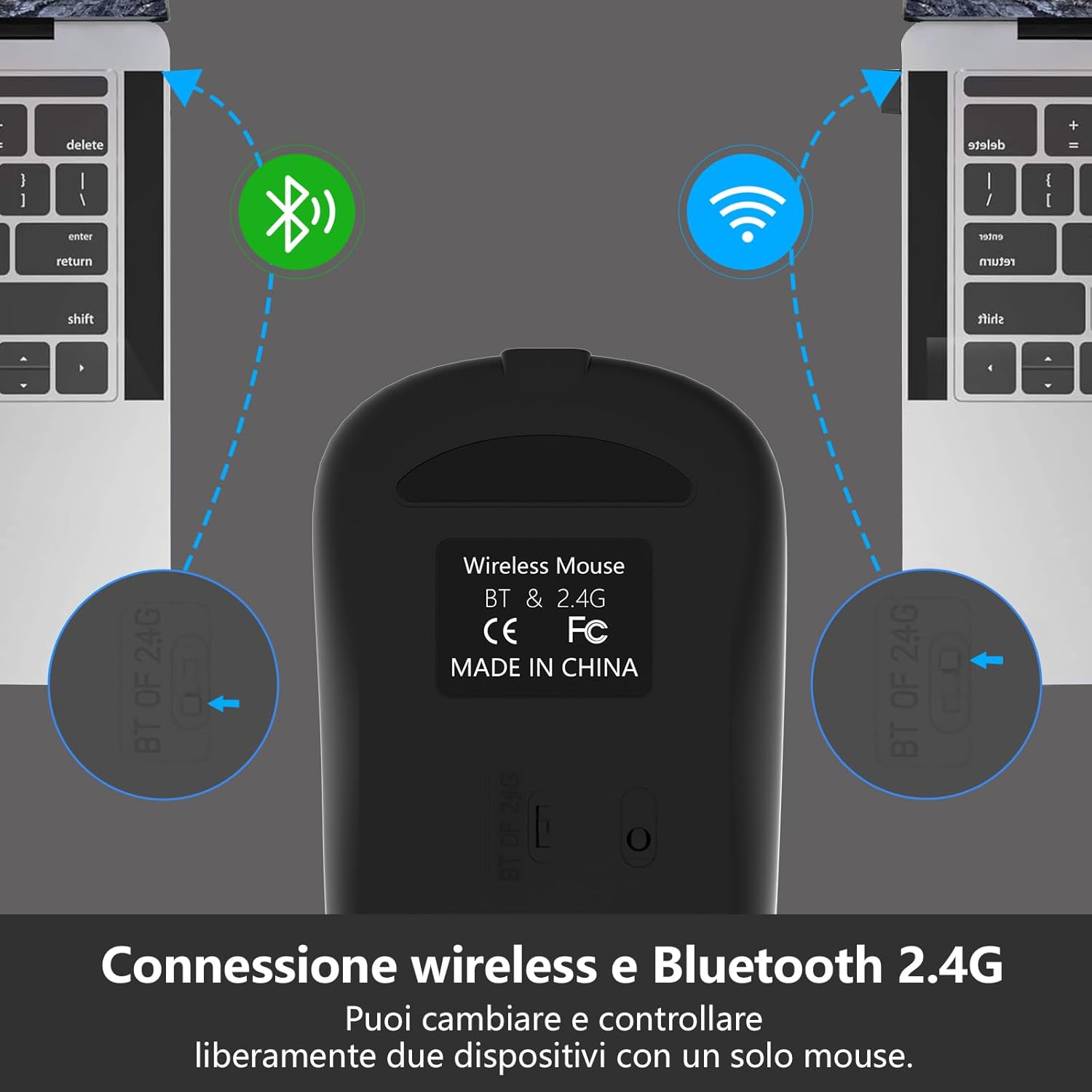 Wireless mouse with Bluetooth and 2.4G connectivity on a gray background