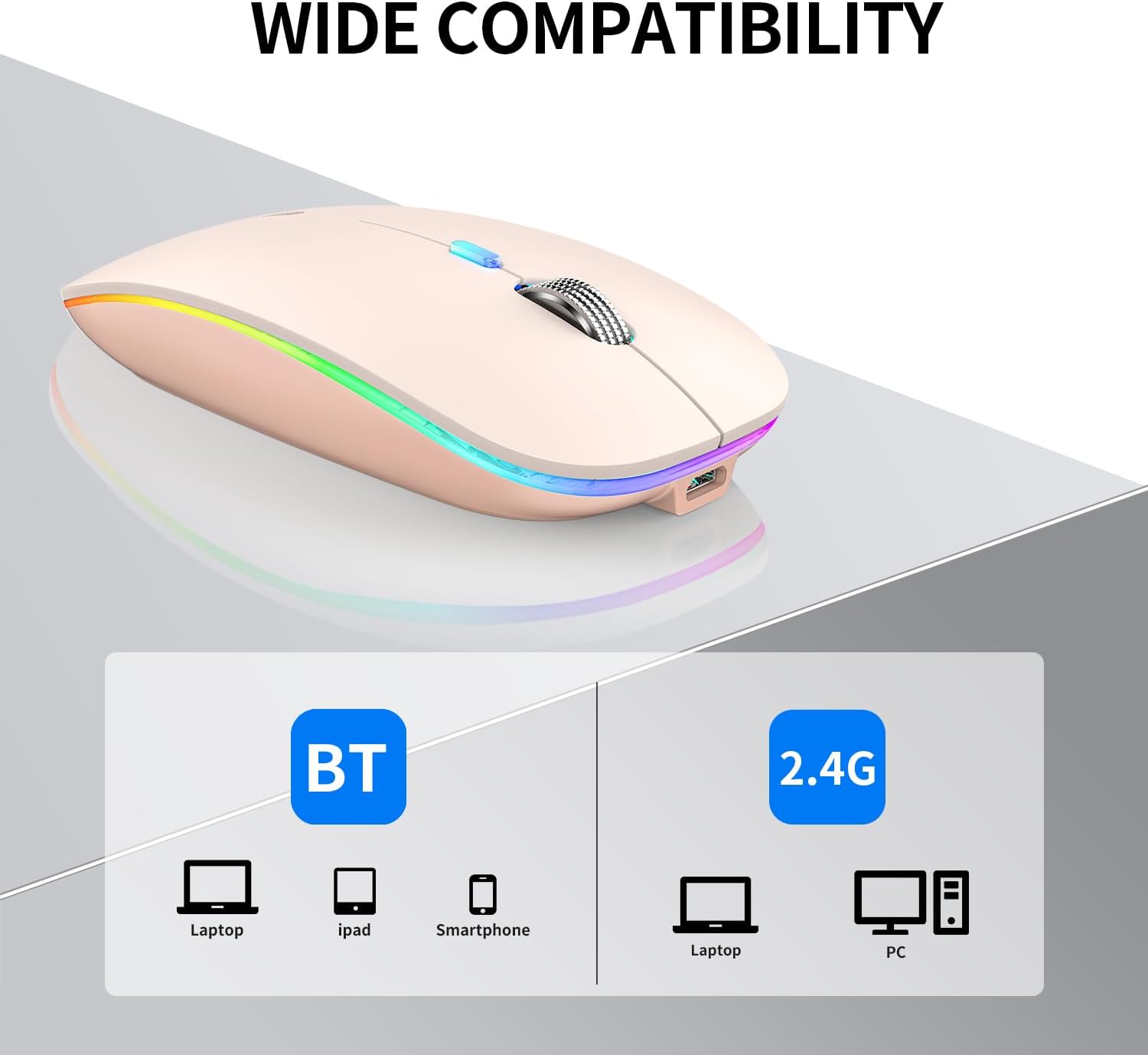 Wireless mouse with RGB lighting on a gray background, showing compatibility with BT and 2.4G technologies.