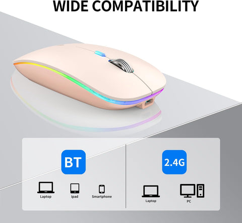 Wireless mouse with RGB lighting on a gray background, showing compatibility with BT and 2.4G technologies.