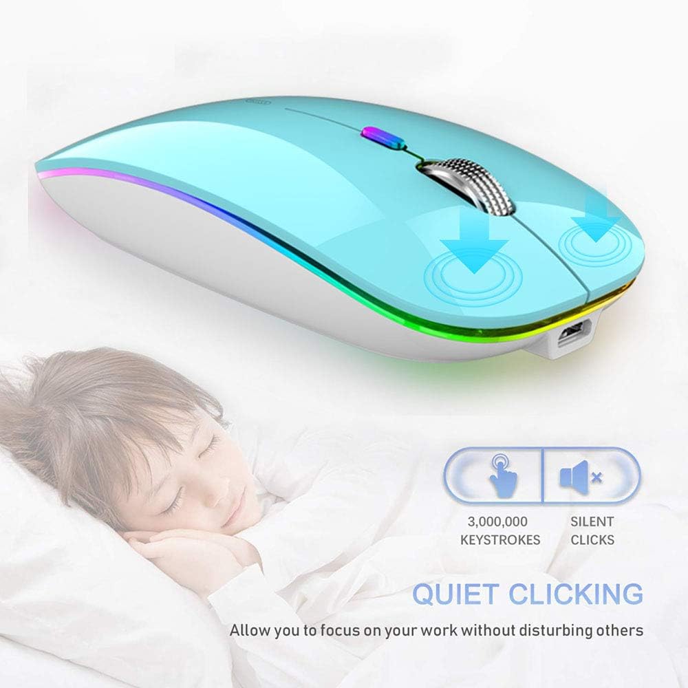 Wireless mouse with RGB lighting on a white background, featuring text about its features.