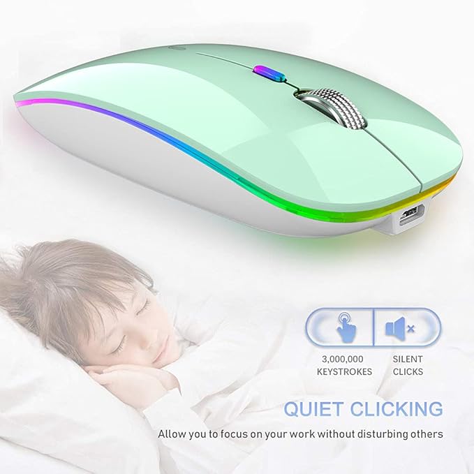 Wireless mouse with RGB lighting on a white background, featuring text about quiet clicking.