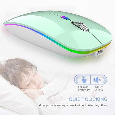 Wireless mouse with RGB lighting on a white background, featuring text about quiet clicking.