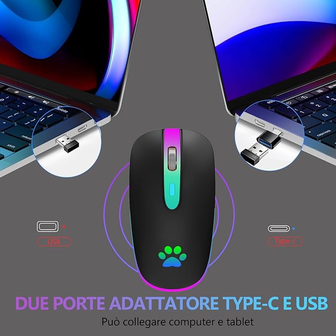 Wireless mouse with Type-C and USB ports on a laptop background