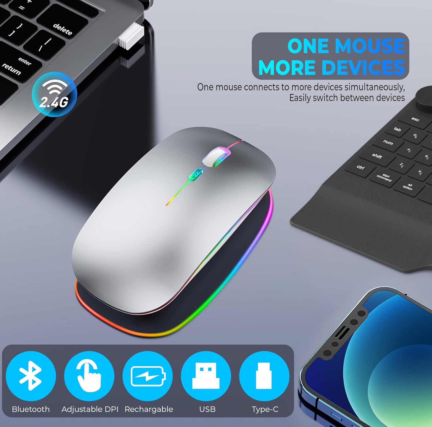Wireless mouse with colorful LED lights on a gray surface, surrounded by a laptop and smartphone.