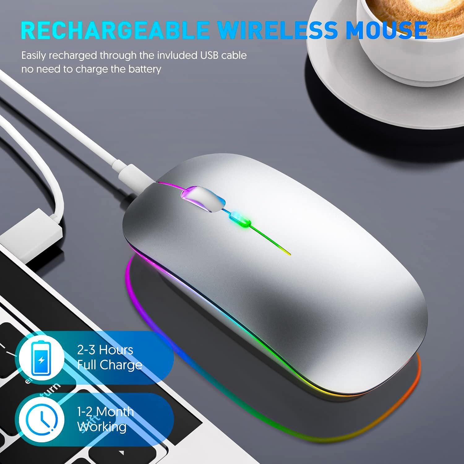 Wireless mouse with colorful LED lights on a gray surface, surrounded by a laptop and smartphone.