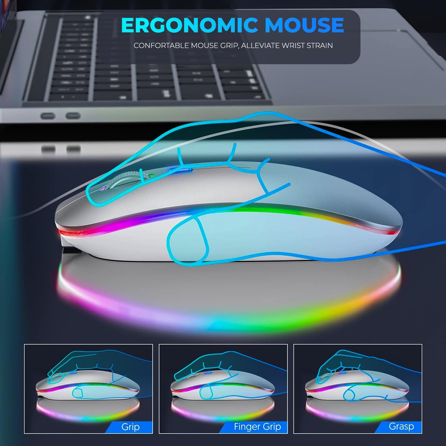 Wireless mouse with colorful LED lights on a gray surface, surrounded by a laptop and smartphone.