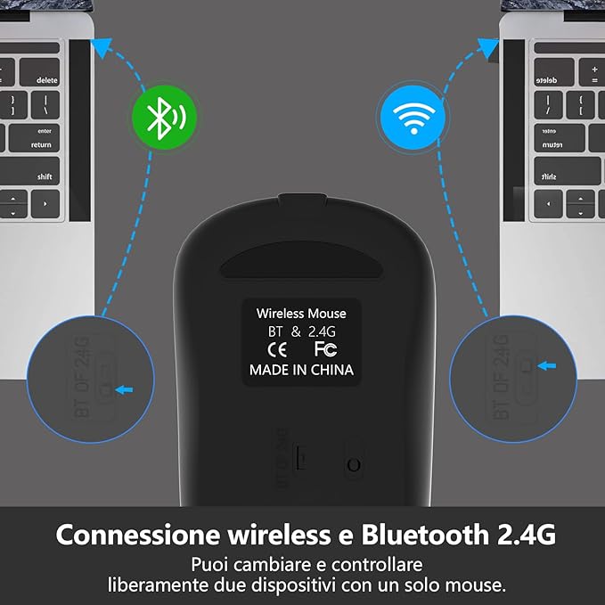 Wireless mouse with Bluetooth and 2.4G connectivity on a gray background