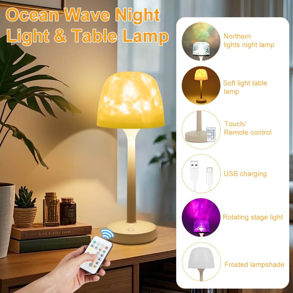 Cordless Ocean Wave Aurora Projector Light with Remote & Touch