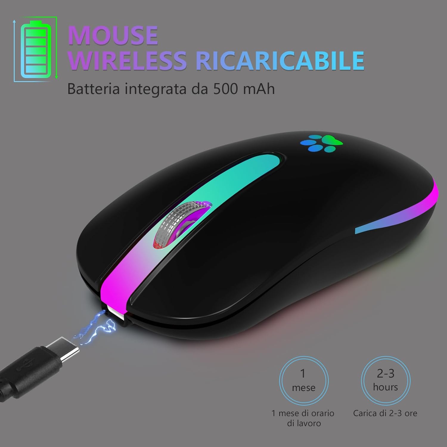 Wireless rechargeable mouse with charging cable on a gray background