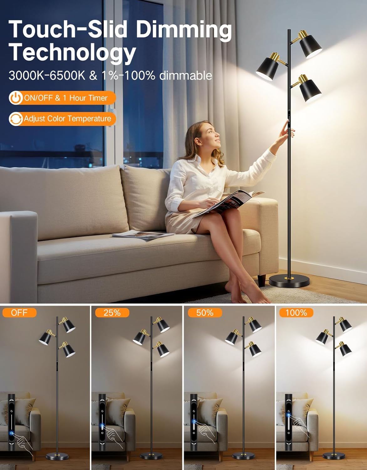 Woman adjusting a floor lamp in a living room with touch-slit dimming technology display.