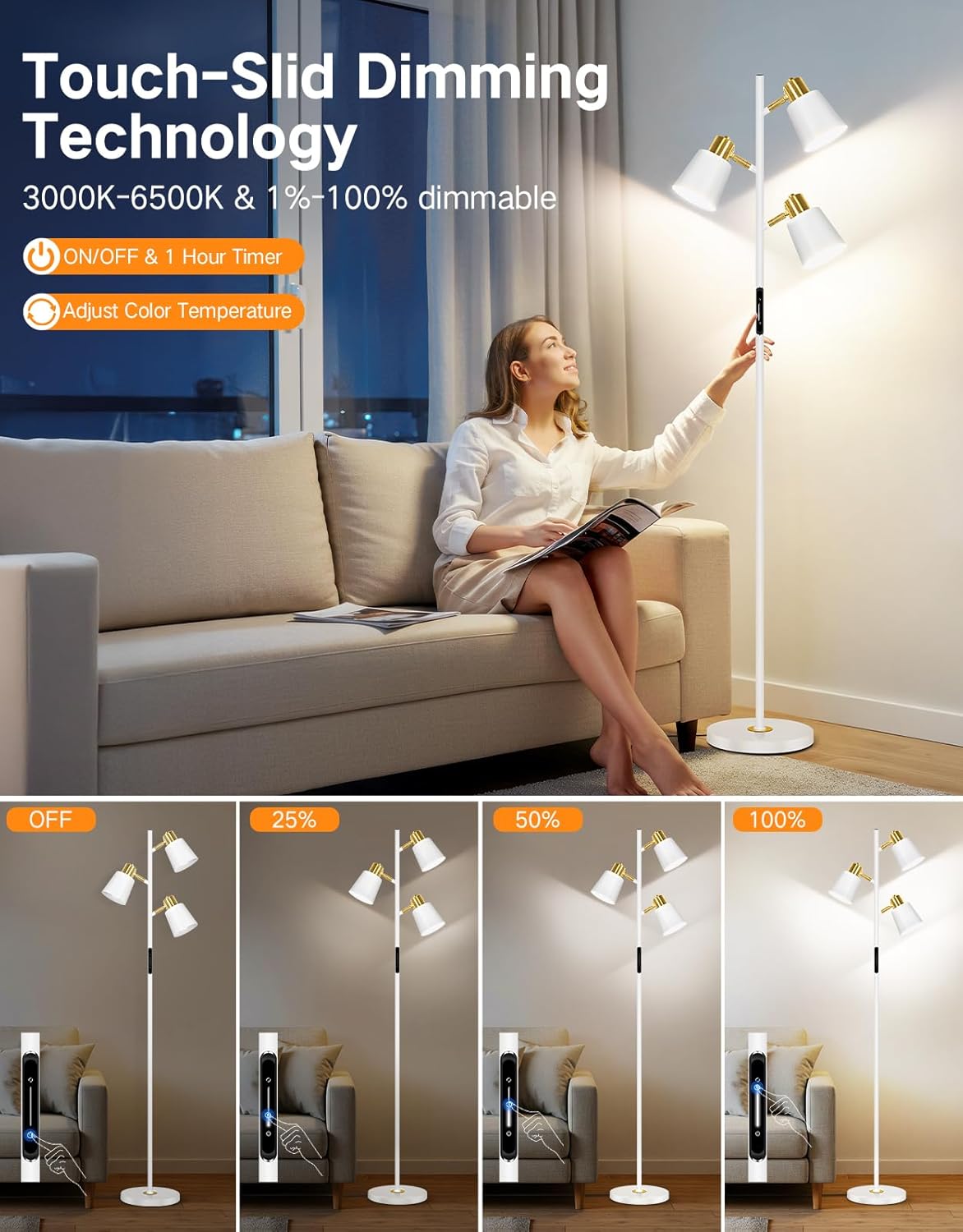 Woman adjusting a floor lamp with touch control in a living room, showing different light settings.