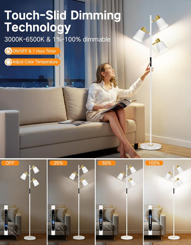 Woman adjusting a floor lamp with touch control in a living room, showing different light settings.