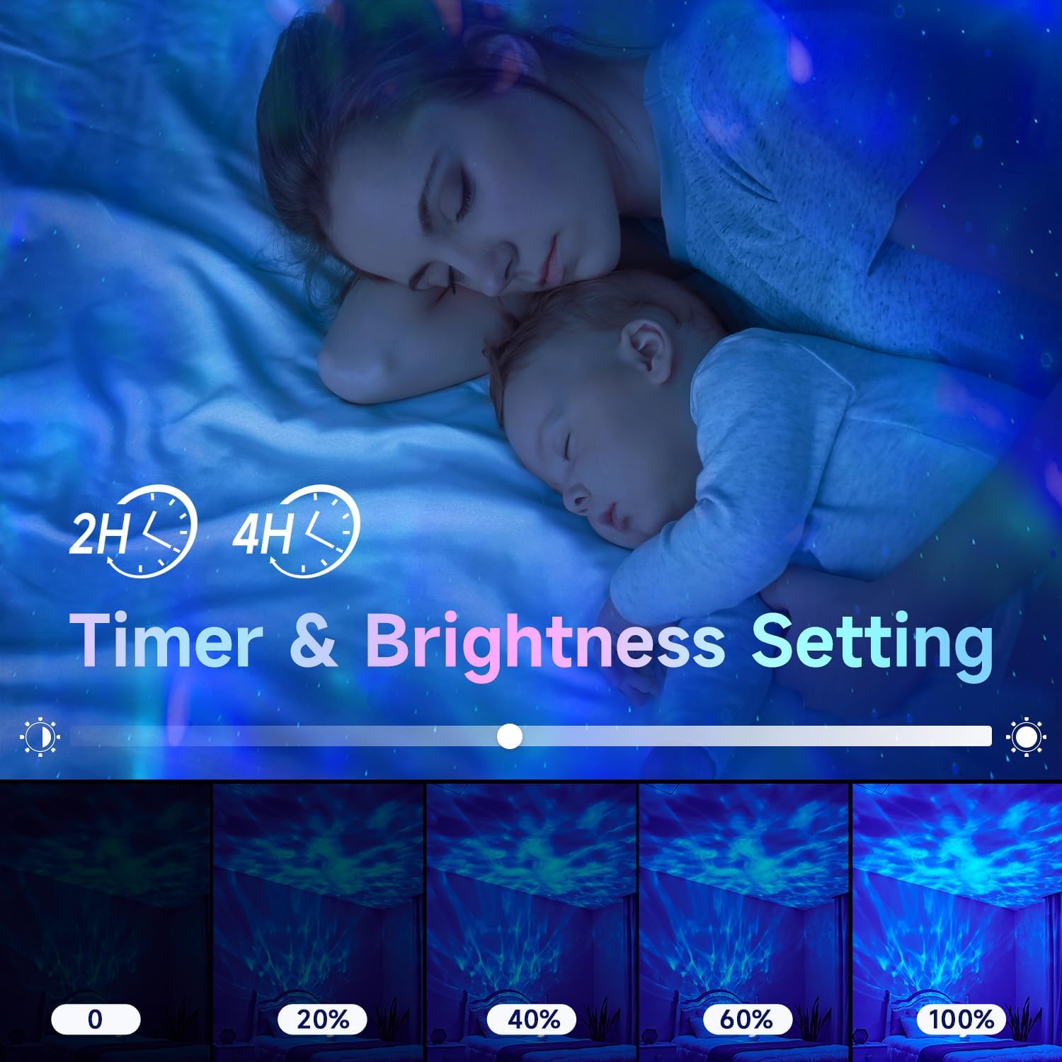 Woman and baby lying down with a blue light display for timer and brightness settings.