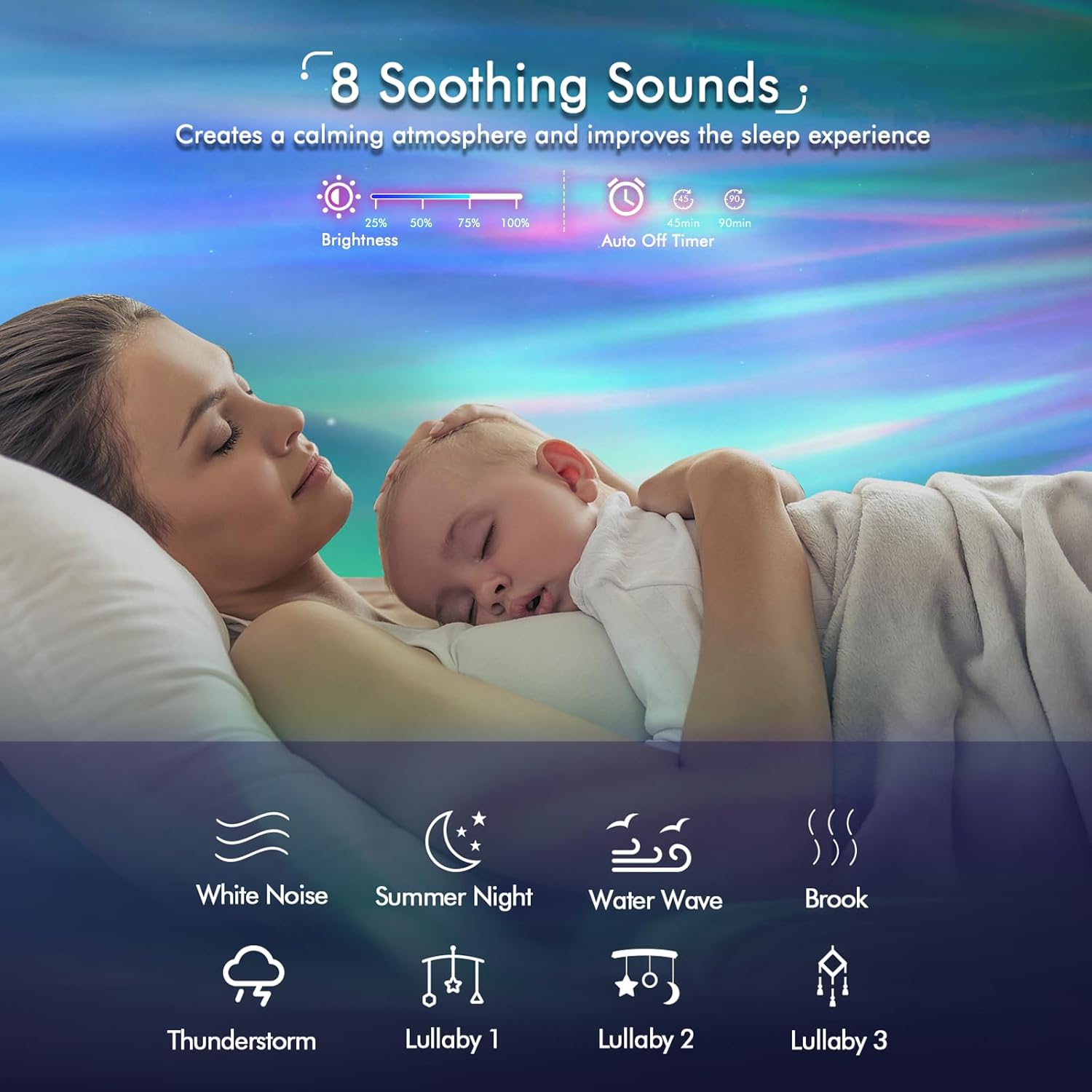 Woman and baby lying down with soothing sounds features displayed