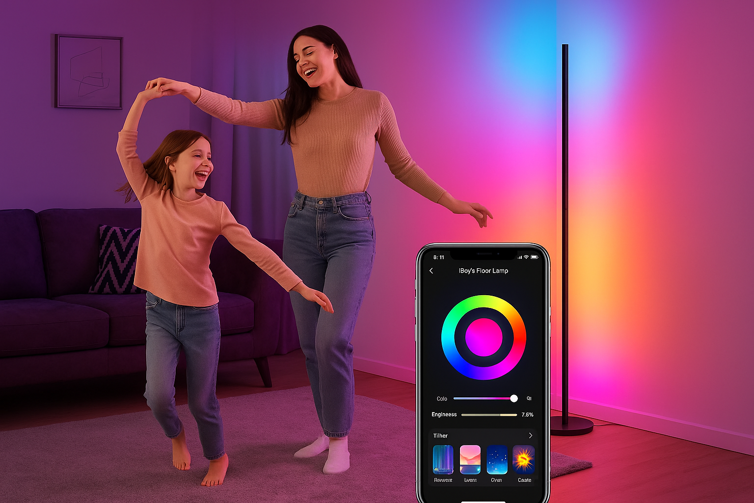 Woman and child dancing in a room with a colorful light strip and smartphone displaying app controls.