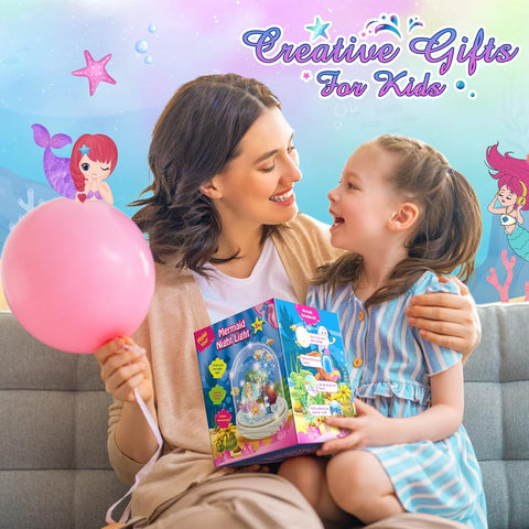 Woman and child holding a balloon and a book titled 'Mermaid Night Light' with mermaid graphics in the background.