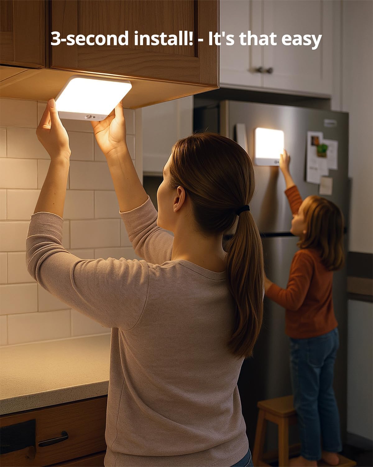 Woman and child installing a light fixture in a kitchen with text '3-second install! It's that easy'.