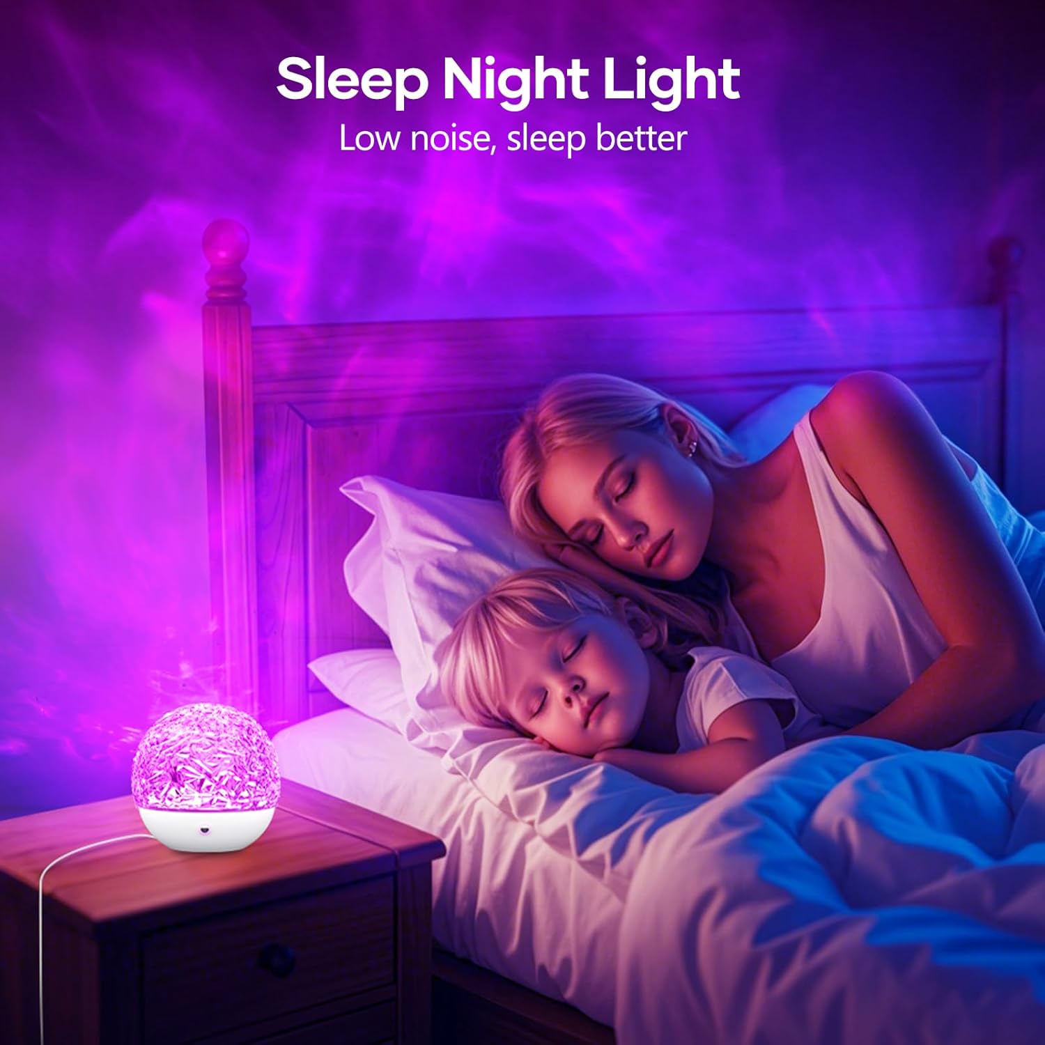 Woman and child lying in bed with a 'Sleep Night Light' emitting a purple glow.