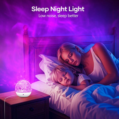 Woman and child lying in bed with a 'Sleep Night Light' emitting a purple glow.