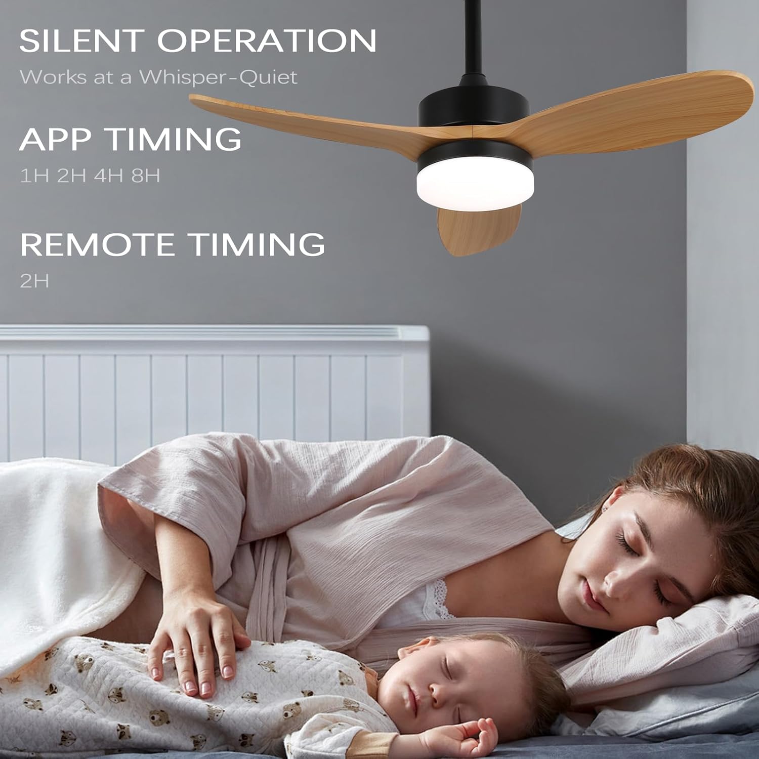 Woman and child lying in bed with a ceiling fan above, featuring silent operation and app timing features.